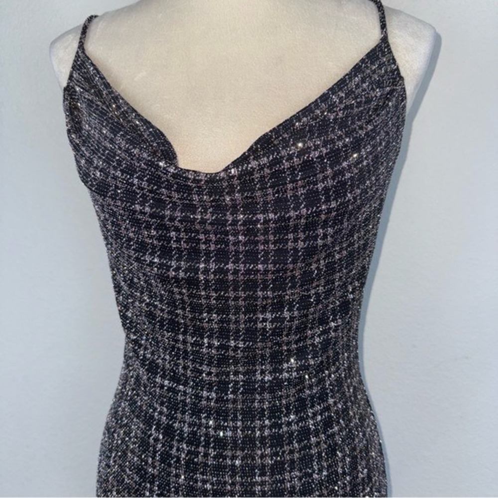 Triple Seven Black/Pink Plaid Sparkling Mini Cocktail Party Cross Back Dress LG